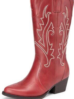 Women's Red Faux Leather Mid Calf Cowgirl Boots Point Toe Chunky Heel Boots
